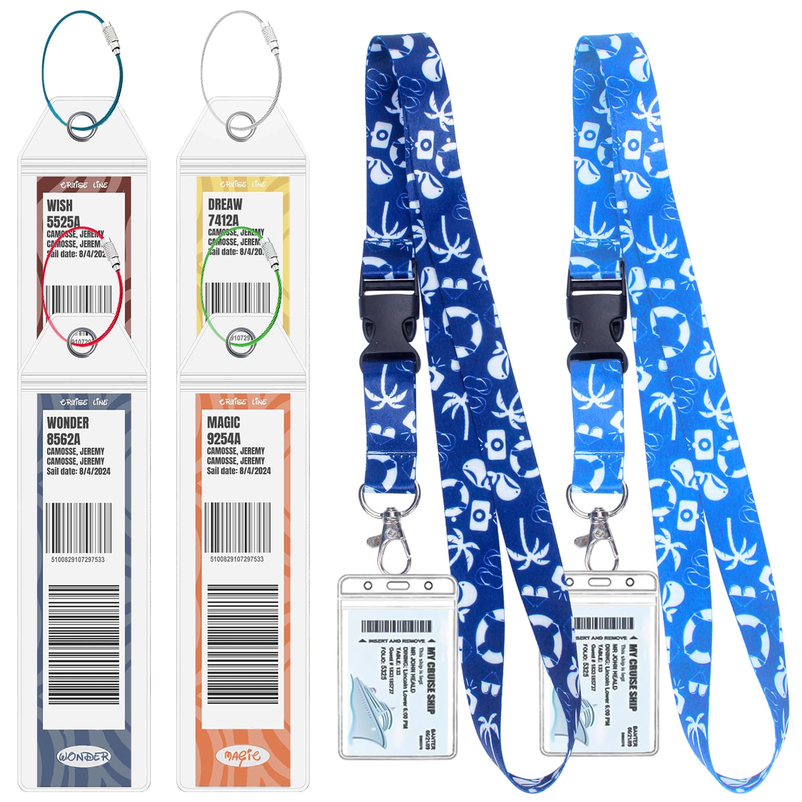 Cruise Luggage Tag Holders and Lanyards Zip Seal Clear Cruise Luggage Tag Holder with Cruise Lanyard Fits for Dream Fantasy Magic Wonder Wish & Treasure (2 Lanyards + 4 Luggage Tag Holders)