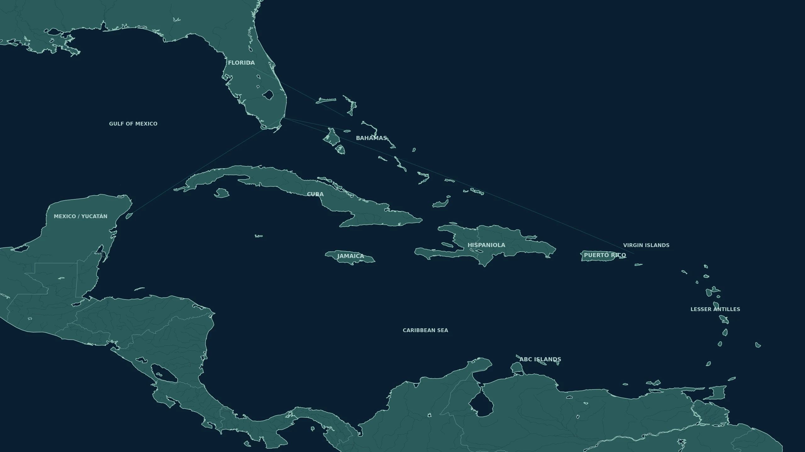 Map of Florida, the Bahamas, Mexico, Central America, and Caribbean cruise destinations.